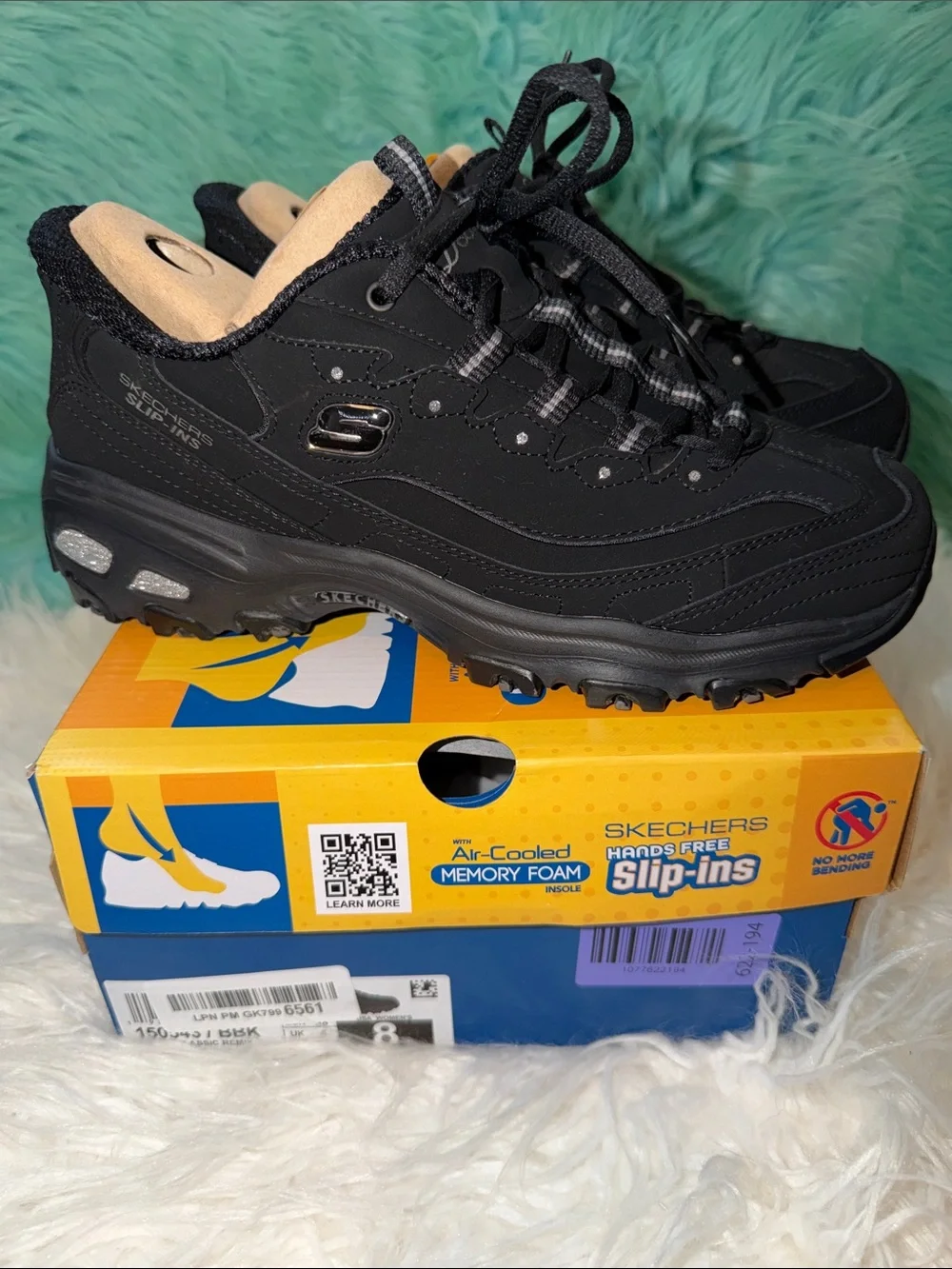 NIB Skechers Women's D'Lites Fan Girl Sneaker Hands Free Slip-Ins Size 8, Black